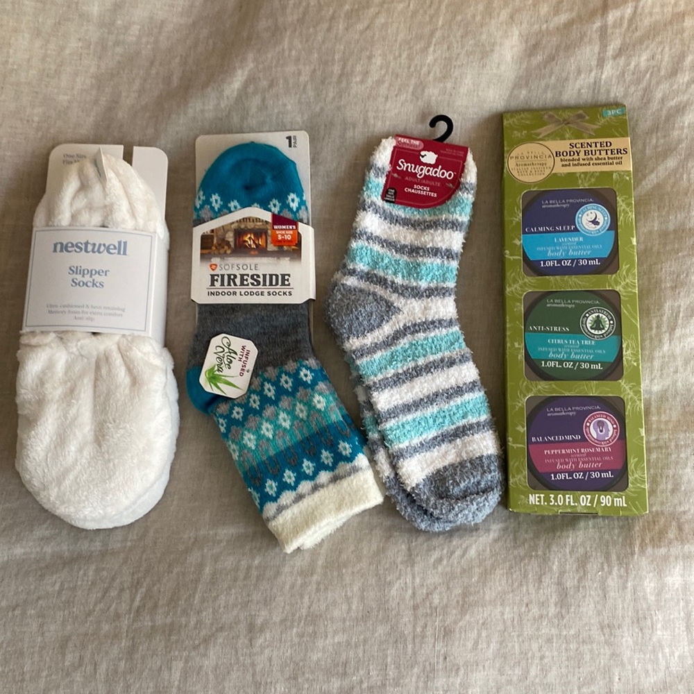 Lot brand new cozy socks and slippers and scented body butter